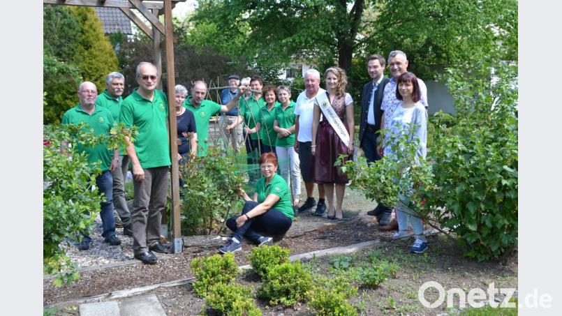 Vorsitzender Klaus Fischer (Dritter von links) begrüßte unter den Ehrengästen auch Landtagsabgeordneten Stephan Oetzinger und Holunderkönigin Sandra Neubeck (Dritter und Vierte von rechts). Hier befinden sie sich im Teil des Lehrgartens, der als Nutzgarten dient. Bild: hcz