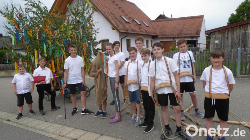 Der geschmückte Pfingstlümmelwagen mit den beteiligten jungen Burschen und dem Pfingstlümmel, der sich wehrt, erkannt zu werden. Bild: jow