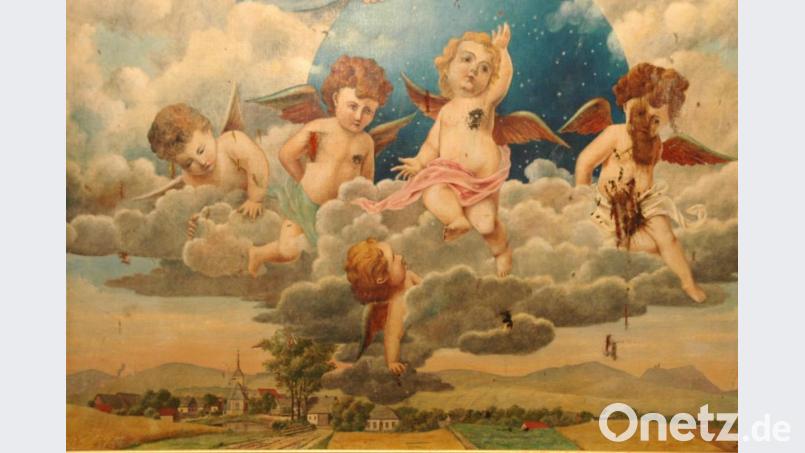 Eine Miniaturansicht von Rail/Rajov hat sich auf dem wiederentdeckten Altarbild erhalten. Sie zeigt den Ort am Ende des 19. Jahrhunderts. Bild: fjo