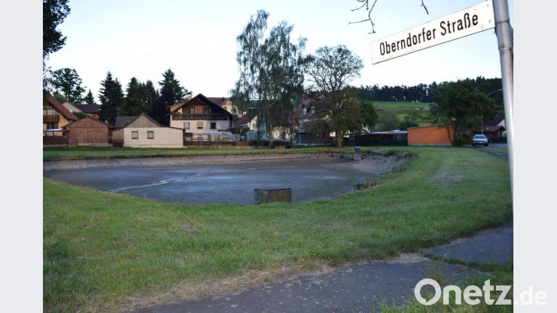 Der Bau der neuen Wasserleitung in Neunaigen beginnt beim Dorfweiher. Vorsorglich ist dieser Teich trockengelegt worden. Bild: bnr
