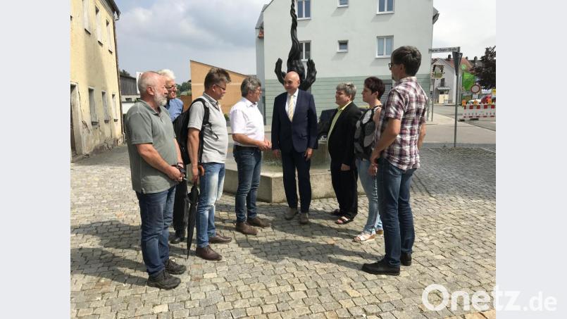 Hühnermist auf Deutschlandtour: Stefan Schneider, Pfarrer Georg Hartl (Waidhaus), Falk Ponsold (Bund Naturschutz), Bürgermeister Reiner Gäbl, Landtagsabgeordneter Jürgen Mistol, sein Kollege aus dem Bundestag, Stefan Schmidt, sowie Landtagsabgeordnete Anna Toman und Kreisrat Johann Mayer (von links) erörtern das drängende Thema. Bild: eig