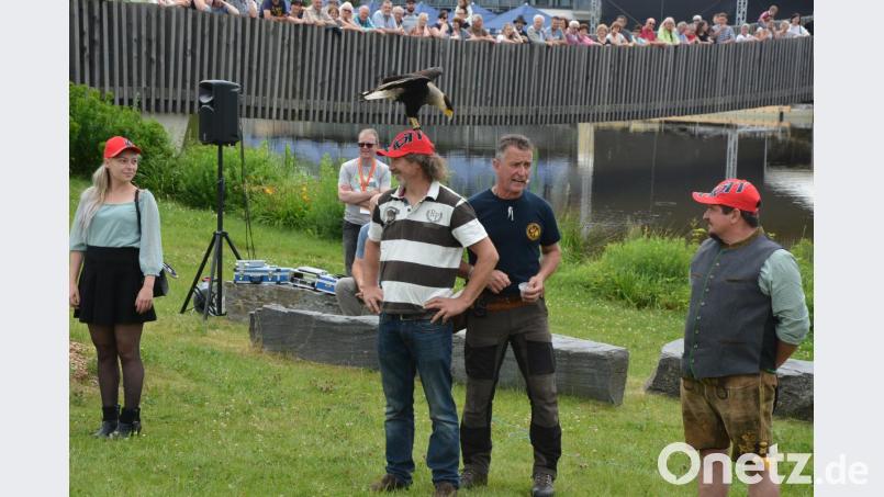 Ein Greifvogel landet auf den Köpfen der Besucher. Eckhard Mickisch (Zweiter von rechts) führte durch das Programm. Bild: jr
