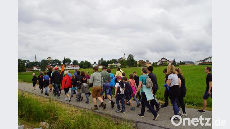 Die Pilgergruppe der Kolpingfamilie auf dem Weg zur Kreuzbergkirche in Pleystein (Hintergrund Mitte). Bild: mmj