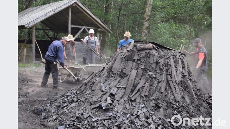 Köhler Anton Götz (links) ist mit der Arbeit zufrieden. Nach sechs Wochen kommt beste Holzkohle ans Tageslicht. Bild: bnr
