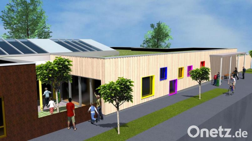 Diese Visualisierung der Architekten zeigt die Fassade des neuen Hauses für Kinder in Fronberg. Links ist der Eingang zu sehen, rechts die Bushaltestelle. Der Bauausschuss zeigte sich vom Entwurf des Gebäudes in Holzrahmenbauweise sehr angetan. Bild: exb/Knipl, Pracht und Partner