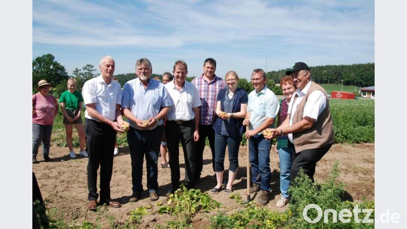 Über eine gute Kartoffelernte 2019 freuen sich (von rechts) BBV-Geschäftsführer Alfons Wittmann, Ortsbäuerin Barbara Ruhland, Landwirt Reinhard Elsner, stellvertretende Kreisbäuerin Manuela Pronath, stellvertretender Kreisobmann Georg Lorenz, Kreisobmann Josef Irlbacher, Alfred Bauer von der Erzeugergemeinschaft Oberpfalz und stellvertretender Landrat Arnold Kimmerl. Bild: Portner