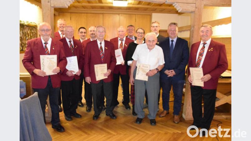 Jubilare, verdiente Mitglieder und Ehrengäste (von links): Wolfgang Prasse, Hans-Jürgen Hüttner, Richard Rupprecht, Christian Fink, Edelweiß-Vorsitzender Manfred Pirner, Adam Renner, Baptist Kraus, Bürgermeister Hans Koch, Kerstin Homberg, Hans Regn, Georg Ebenhöch, Landrat Richard Reisinger und Hans Wittmann. Bild: wku