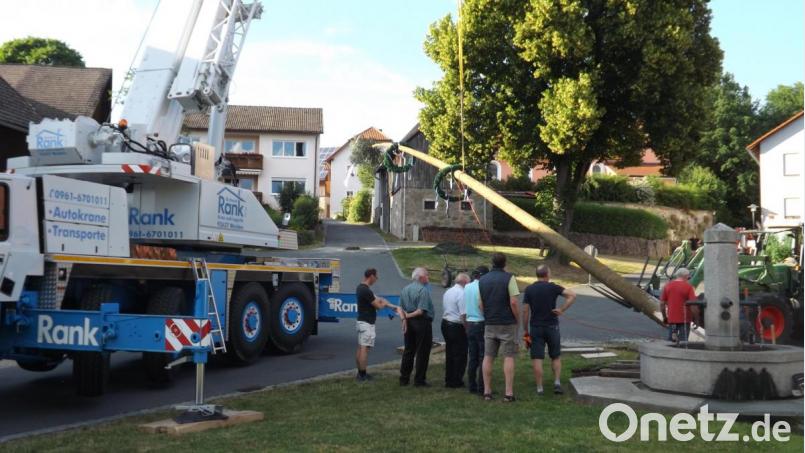 Nach guter Vorarbeit wird der 29 Meter lange Baum mit Hilfe eines Krans aufgestellt. Bild: trj