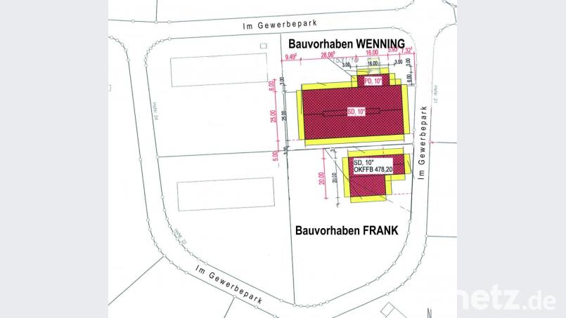 Gleich nebeneinander liegen die Grundstücke der Firmen Franz Wenning und Dominik Frank, die jeweils eine neue Produktionshalle im Industriegebiet Schleifmühl errichten. Bild: njn