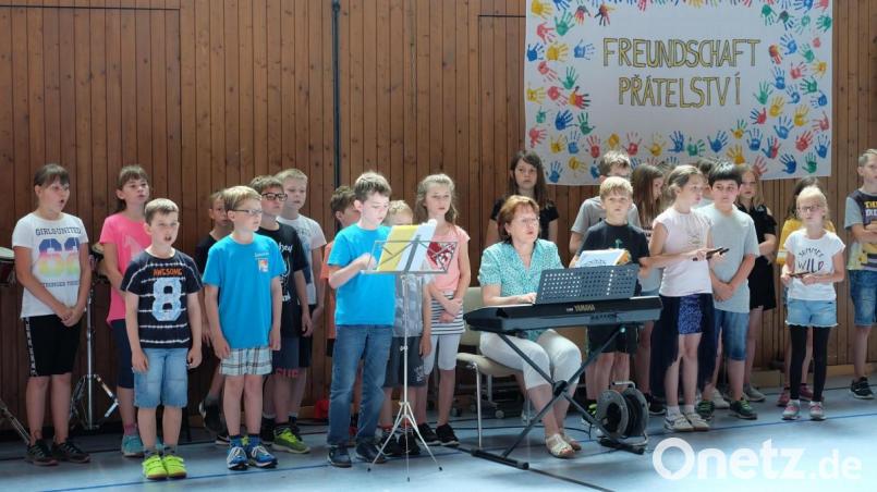 Mit Liedern und Tänzen gestalteten die Kinder der Ludwig-Meier-Schule den Festakt zum 10-jährigen Bestehen der Partnerschaft mit der 4. Grundschule Eger. Bild: wlr