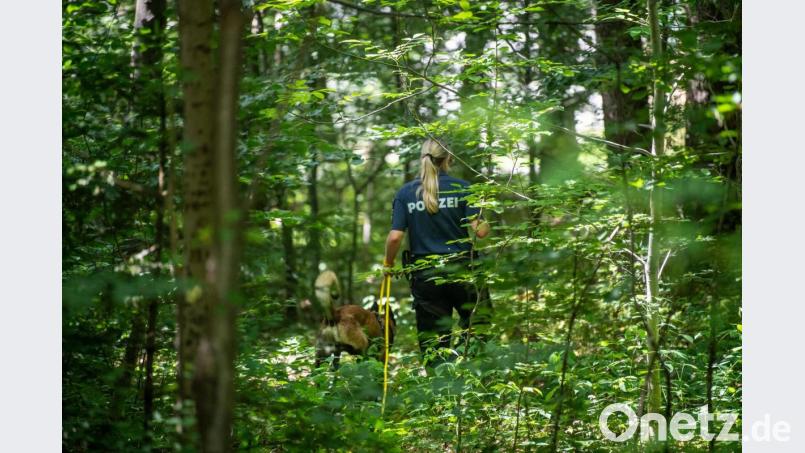 Eine Polizistin sucht mithilfe eines Suchhundes in einem Waldstück nach Hinweisen. Bild: Lino Mirgeler