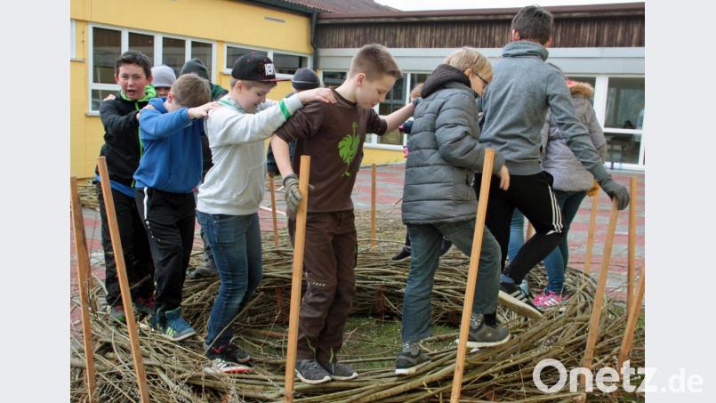 Zur Verdichtung der Zweige mussten die Schülerinnen und Schüler auf den immer größer werdenden Kreis steigen und darauf gehen. Bild: sön