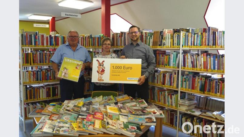 Die Leiterin der Stadtbücherei, Renate Stigler, und Bürgermeister Heinz Weigl (links) nahmen den Scheck über 1000 Euro für neue Bücher und Medien von Bayernwerk-Kommunalberater Wolfgang Dumm entgegen. Bild: weu