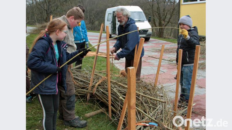 Unter Anleitung von Korbflechter Dieter Eck (Mitte) stellten die Schüler mit Zweigen von Weiden, welche die Schule von der Flussmeisterstelle des Wasserwirtschaftsamts bekam, die Weidensitzbank für den Schulhof her. Bild: sön