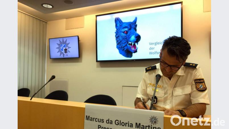 Polizei-Sprecher Marcus da Gloria Martins zeigt ein Vergleichsbild einer Wolfsmaske. In München hat ein Mann mit Wolfsmaske hat ein elfjähriges Mädchen vergewaltigt. Bild: Wera Engelhardt