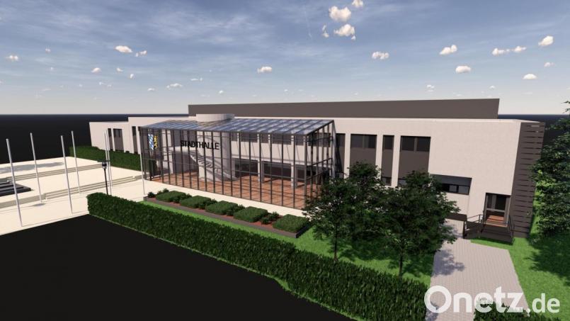 Die Planskizze des Architekten Reinhold Krausch zeigt: Mit dem gläsernen Vorbau erhält die Stadthalle ein neues Gesicht. Repro: do/Reinhold Krausch