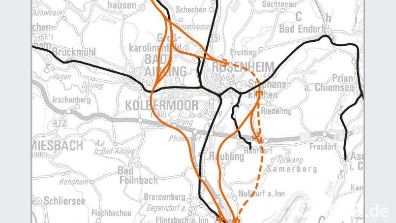 Die Grafik zeigt die möglichen Verläufe der umstrittenen Neubaustrecke im Inntal. Foto: DB AG Bild: -