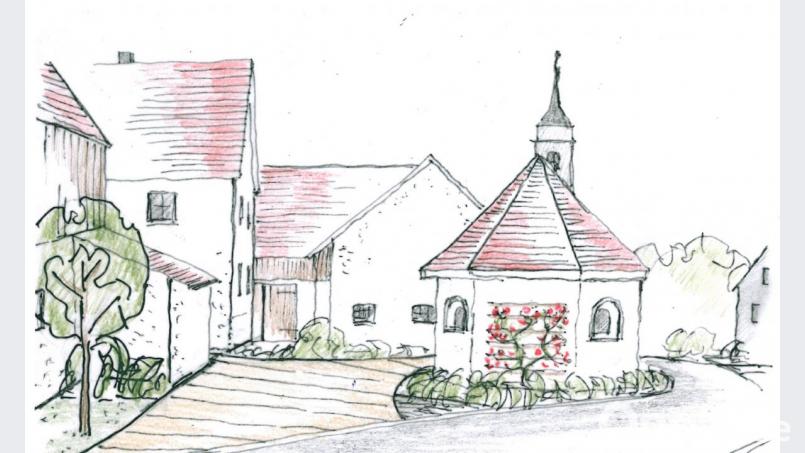 Dieser Entwurf zur Gestaltung des Umfelds zeigt die Kapelle in Steiningloh von Westen her. Grafik:  Landschaftsarchitekt Neidl