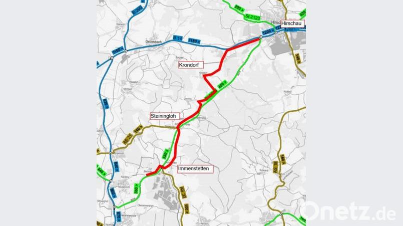 Auf einer Grafik hat das Straßenbauamt die geplante Strecke des Radwegs (rote Linie) zwischen Hirschau und Immenstetten eingezeichnet. Bild: Staatliches Straßenbauamt Amberg-Sulzbach