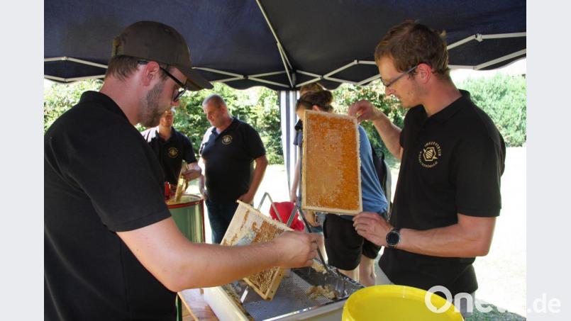 Zweiter Vorsitzender Florian Beer (rechts) hat sich am Kreuzberg ein schönes Bienenreich geschaffen, in dem sich vieles um den Honig dreht und die Natur im Mittelpunkt steht. Bild: wro