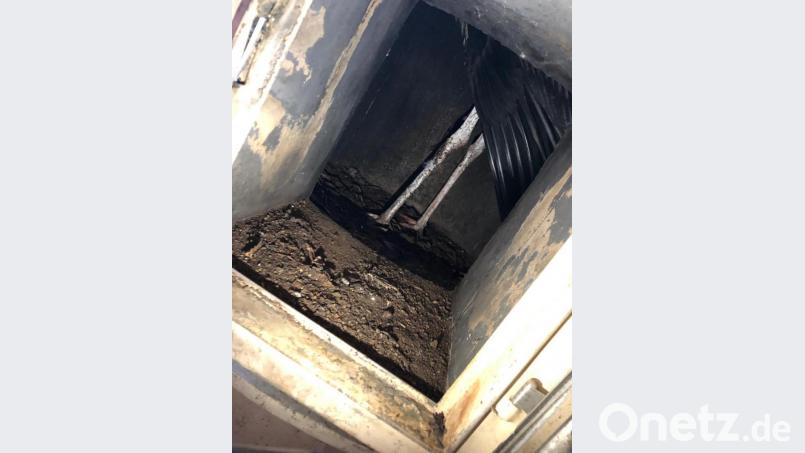 Der erste Blick durch die Kaminöffnung lässt die Storchenretter aufatmen: Das Jungtier steht ohne sichtliche Verletzungen und offenbar unverletzt am Boden des Kaminrohres. Bild: exb