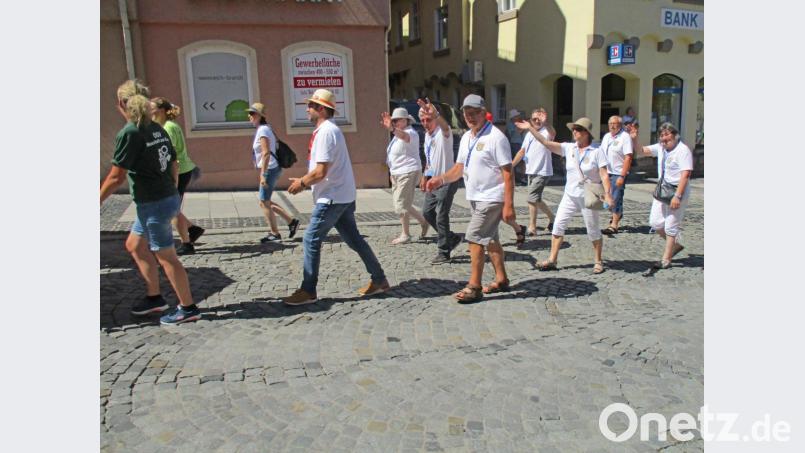 Der Festumzug der Neustädter gehört bei den Neustadt-Treffen immer zu den Höhepunkten. Das Bild zeigt einen Teil der Kulmstädter Delegation mit Bürgermeister Wolfgang Haberberger (Zweiter von links). Bild: ow