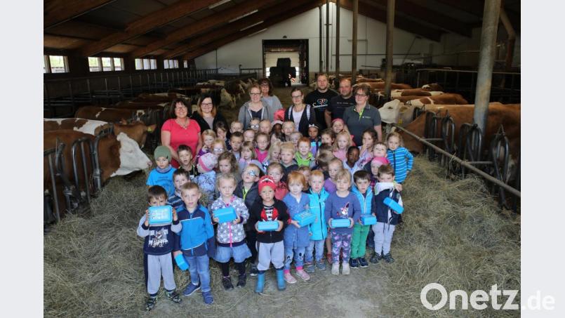 Einen Vormittag erlebten die Buben und Mädchen im landwirtschaftlichen Betrieb von Günter und Sabine Kastner (hintere Reihe von rechts) am Straßenschacht. Bild: njn