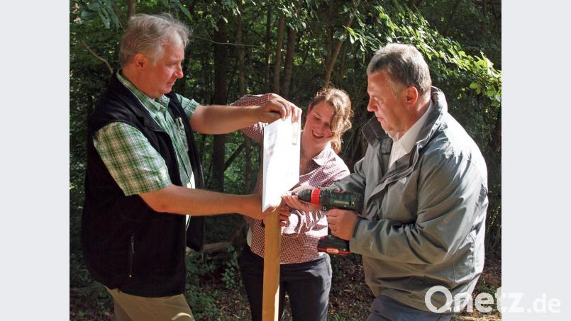 Per Akkuschrauber befestigte Landrat Richard Reisinger, unterstützt von Bürgermeister Dollacker und Anita Vieracker vom Landschaftspflegeverbands, die Tafel mit der Aufforderung „Hereinspaziert! Nehmen Sie Platz im Juradistl-Landschaftskino!“. Bild: sön