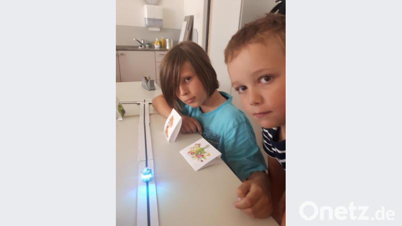 Den Weg für den Ozobot gaben die Viertklässler selbst vor. Mit gezeichneten farbigen Linien auf dem Papier. Bild: njn