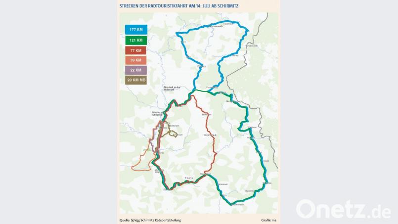 Das sind die Strecken, die die Teilnehmer an der 23. Schirmitzer Radtouristikfahrt unter die Pedale nehmen können. Bild: NT/AZ