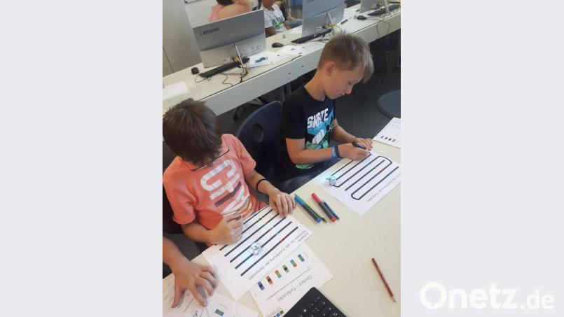 Den Weg für den Ozobot gaben die Viertklässler selbst vor. Mit gezeichneten farbigen Linien auf dem Papier. Bild: njn
