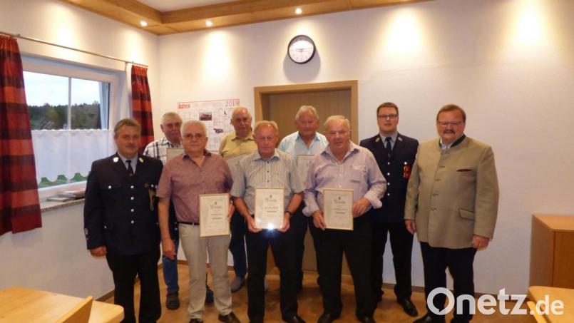 Langjährige Mitglieder der Feuerwehr wurden beim Ehrenabend ausgezeichnet. Außerdem wurden neue Ehrenmitglieder ernannt. Im Bild Bürgermeister, Vereinsführung und die neuen Ehrenmitglieder (von links): 1. Kommandant Thomas Schüssler, Gerhard Schüssler, Rudolf Schedl, Johann Richtmann, Willibald Schneider, Johann Konrad, Johann Schmidkonz, Vorsitzender Stefan Schmidkonz und Bürgermeister Alfred Stier. Bild: exb