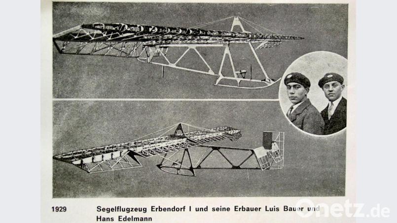 Auf dem Bild von 1929 zu sehen ist das Segelflugzeug „Erbendorf I“ und seine beiden Erbauer Luis Bauer und Hans Edelmann. Bild: gdö