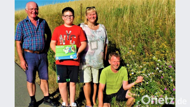 Blütenpracht zum Niederknien an einem Wegrand in Hannersgrün. Dass es da so bunt leuchtet ist mit ein Verdienst von Manfred Häring. Adolf Küblböck, Felix und Karin Bertl (von links) vom LBV danken dem Naturfreund. Bild: jml