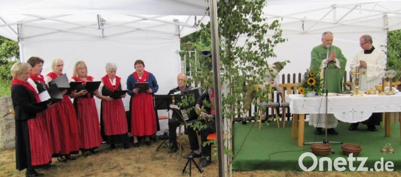 Die Gesangs- und Musikgruppe des OWV umrahmte den Gottesdienst mit der Waldler-Messer, Stadtpfarrer Georg Flierl (Zweiter von rechts) hielt eine amüsante Predigt. Bild: hä