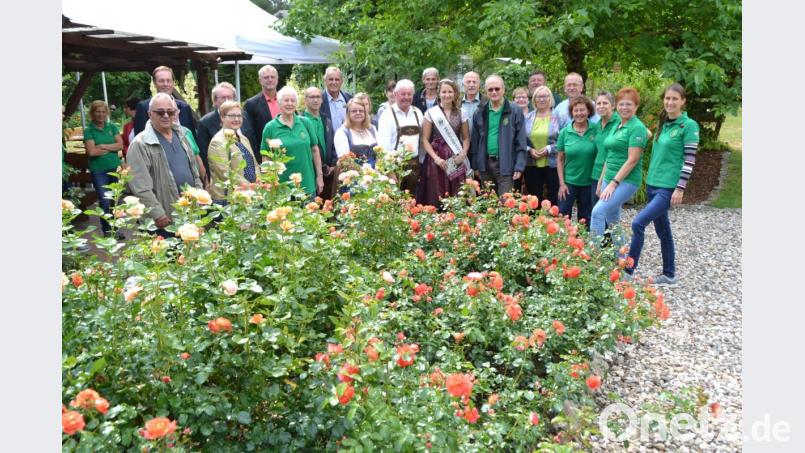 Ehrengäste und OGV- Mitarbeiter beim prächtig blühenden Rosenbeet im Schau-, Lehr- und Vereinsgarten. Bild: hcz