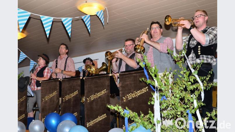 Stehend präsentieren &quot;d&#039; Woihauser Straßenmusikanten&quot; um ihren Chef Dieter Hanauer (Zweiter von rechts) viele Titel und halten die Stimmung im Saal durchgehend auf einem hohen Niveau. Bild: fjo