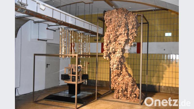 Die Skulptur „Ich/Verwurstelung“ (rechts) besteht aus Teebeuteln, die der Künstler Marcus Kaiser in den vergangenen 30 Jahren während seiner Ausstellungen gesammelt hat. Sie erinnert an einen überdimensionalen Insektenstock. Bild: mip