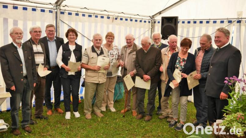 Vorsitzender Rudolf Maier (links), Oberbürgermeister Michael Cerny (Dritter von links) und Ehrengast Helmut Brunner (rechts) ehrten Mitglieder für 20 Jahre bei der Amberger Sektion des Bayerischen Wald-Vereins (ab Zweitem von links): Alfred Pleitner, Erna Pleitner, Michael Meier, Maria Huber, Alfons Huber, Gregor Fritsch, Andreas Schober, Georg Kiener, Theresia Fuchs und Franz Fuchs. Bild: Bayerischer Waldverein/Gaigl/exb