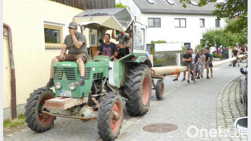 Der Pirker Baum wird mit dem Bulldog herantransportiert. Bild: fsb