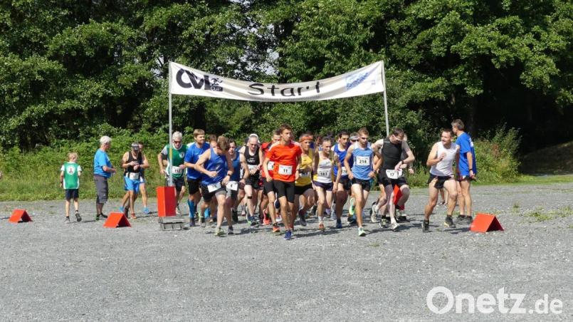 Start der Männerklassen über 9200 Meter: Mit der Startnummer 214 im hellblauen Trikot der spätere Sieger Jiří Voják (M30) vom Sportverein Mílaři Domažlice (Taus), mit Startnummer 11 der zweitschnellste Swen Arnold (im orangen Trikot) von der DJK Weiden und Michael Knott (183) vom WSV Schönsee als Viertschnellster Bild: eib