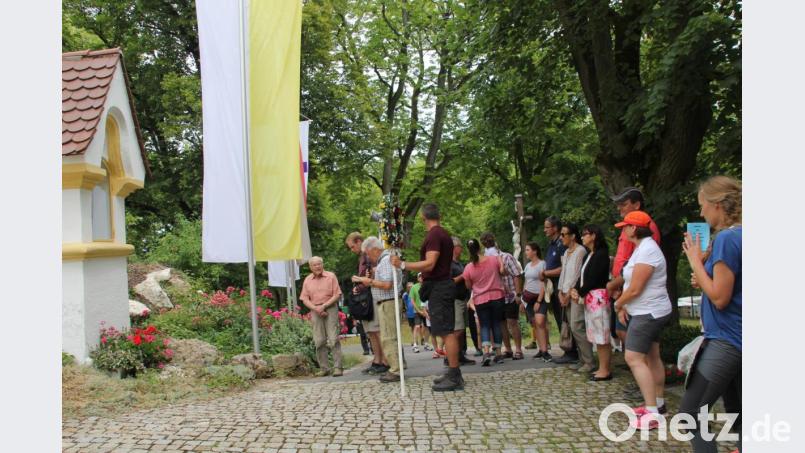 Nach einem mehrstündigen Fußmarsch bei schwül-warmer Hitze erreicht die Auerbacher Pilgergruppe als erste ihrer Art den Annaberg und eröffnet somit auch heuer wieder die Festwoche. Bild: ads