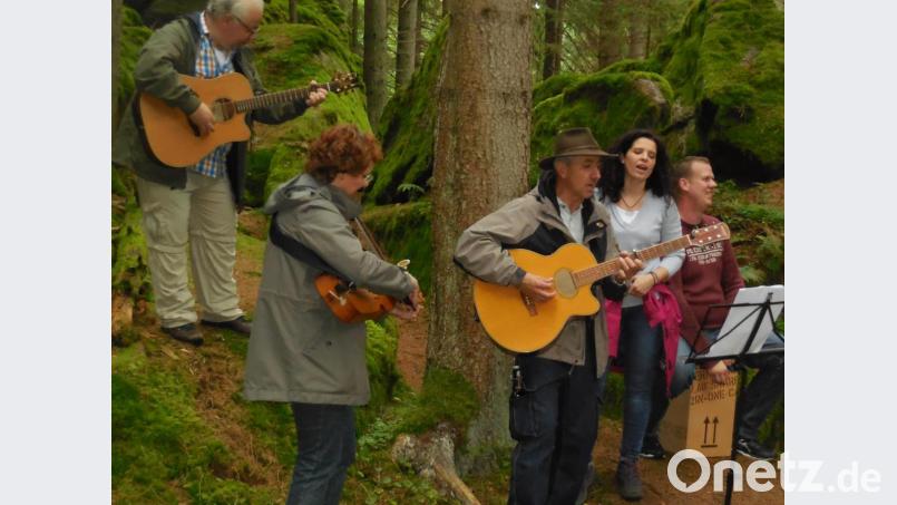 Lieder auf der Naturbühne des Waldnaabtals spielen Thomas Gleixner (von links), Sabine Kroll, Gerhard Windschiegl, Carola Böhm und Thomas Urbanek bei der musikalischen Wanderung zum 25. Geburtstag der Hilfsaktion "Lichtblicke". Bild: ui