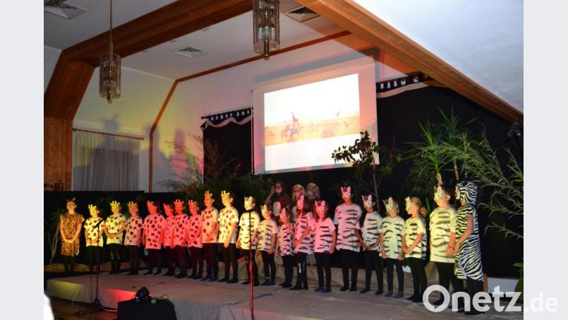 Der Schulchor führt das Musical „Tuishi Pamoja“ mit viel Begeisterung auf. Die Geschichte über Feindschaft und Freundschaft von Zebras und Giraffen spielt in der Savanne Afrikas. Bild: gi