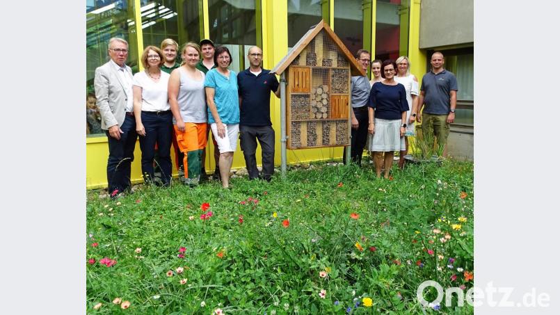 Eine 30 Quadratmeter große Blumenwiese sorgt für Insektennahrung im Innenhof der Sophie-Scholl-Realschule. Die Organisatoren am Insektenhotel mit Lehrerin Margit Riedl (Sechste von links), der Schulgartengruppe und Stadtgärtnerei. Bild: Dobmeier