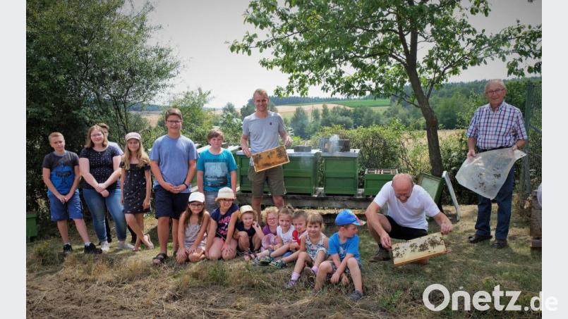 Drei Generationen Imker: Manuel Schloßer, Vater Gerhard und Opa Johann Schloßer. Sie lassen die Kinder ins Innere eines Bienenvolkes blicken. Bild: twi