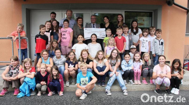 Ein Drittel aus dem &quot;Ballhelden&quot;-Erlös - nämlich 929,43 Euro, aufgerundet von Toni Dutz auf 1000 Euro - übergaben Grundschüler aus Wiesau, Falkenberg und Friedenfels der &quot;Lichtblicke&quot;-Schirmherrin Edith Lippert. Bei der symbolischen Scheckübergabe waren neben den Grundschülern mit dabei: Julia Greger, Inge Dick, Toni Dutz, Edith Lippert, Bernhard Rosner und Markus Pappenberger (obere Reihe von rechts). Bild: wro