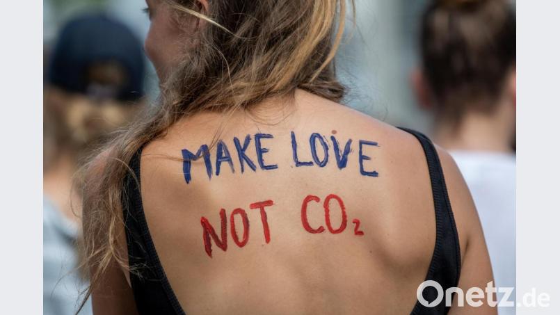 Auf dem Rücken einer Teilnehmerin einer Fridays for Future Demonstration steht "Make love not CO2" geschrieben. Bild: Patrick Seeger