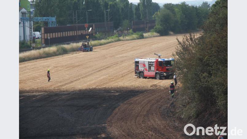 Am Freitagnachmittag brannte ein Stoppelfeld bei Burgweinting. Eine besondere Herausforderung war neben der hohen Temperaturen auch die Bahnstrecke zwischen Regensburg und München, die nahe des Einsatzortes verläuft. Bild: Berufsfeuerwehr Regensburg/exb