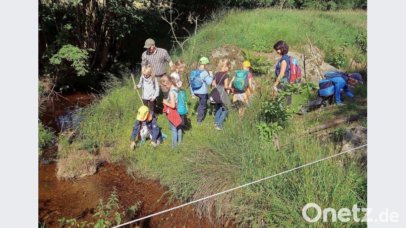 Anstelle von Schreiben und Lesen ging es in die Natur. Jonas Ständer (links) und Lehrerin Evi Kern (rechts) hatten dabei viel Freude mit den Kindern. Bild: bsc